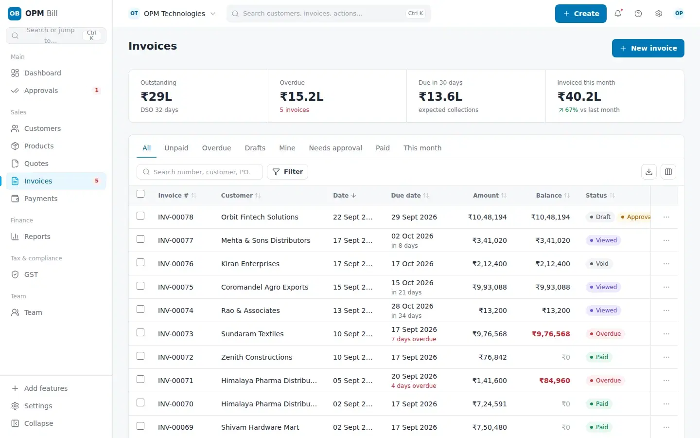OPM Billing product screen